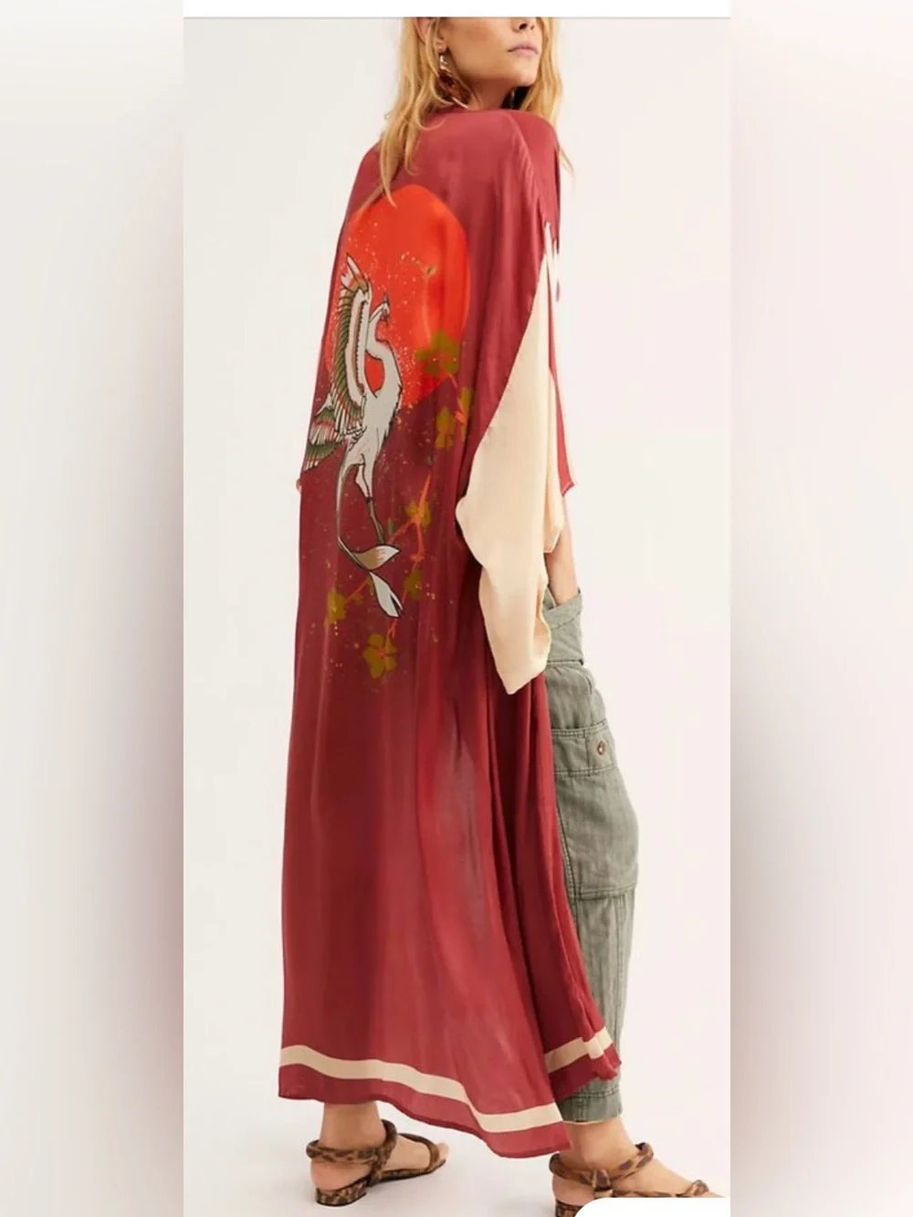 Free People Rising Sun Red Print Women's Kimono maxi